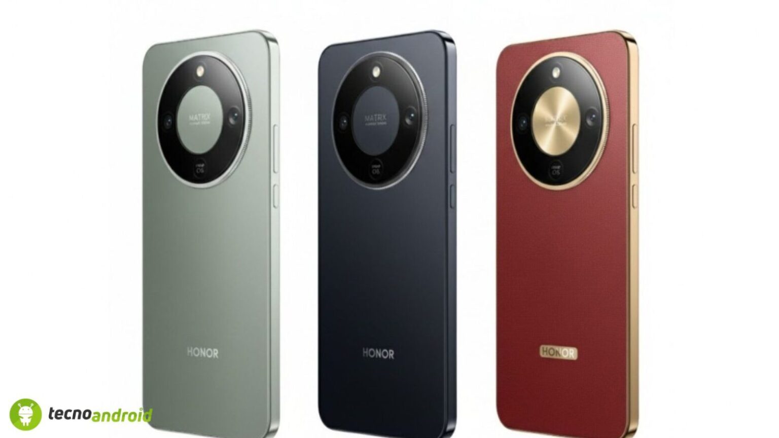 Alt text: Smartphone Honor Magic4 Pro con tre colorazioni diverse, display grande, fotocamera circolare e dettagli raffinati, ideale per appassionati di tecnologia e foto di alta qualità.
