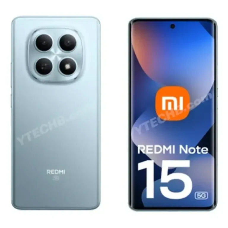 Redmi Note 15 trapelato online - immagine 11 Immagine di un Redmi Note 15 5G con design elegante, fotocamera quadrupla sul retro e schermo fronte OLED con notch centrale, ideale per appassionati di tecnologia e smartphone di ultima generazione.