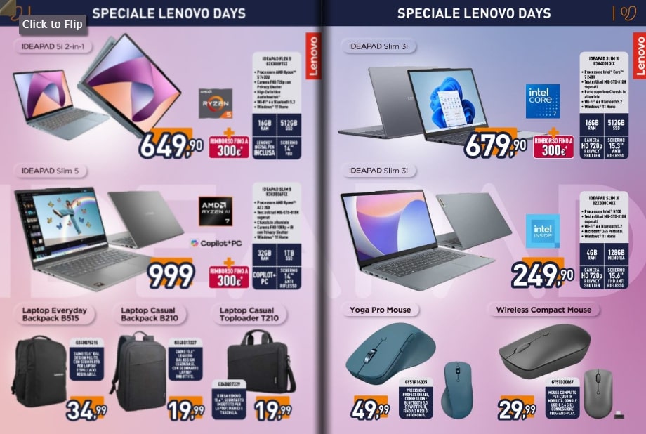 Laptop TecnoAndroid, offerte speciali Lenovo Days, notebook leggeri, potenti e scontati, con processori Ryzen e Intel, RAM e SSD elevate, perfetti per lavoro e studio. Include anche accessori come mouse e zaini. Laptop Lenovo Days, offerte tech, Lenovo, hardware, processore Intel, AMD Ryzen, SSD, schede grafiche, promozioni, tecnologie.