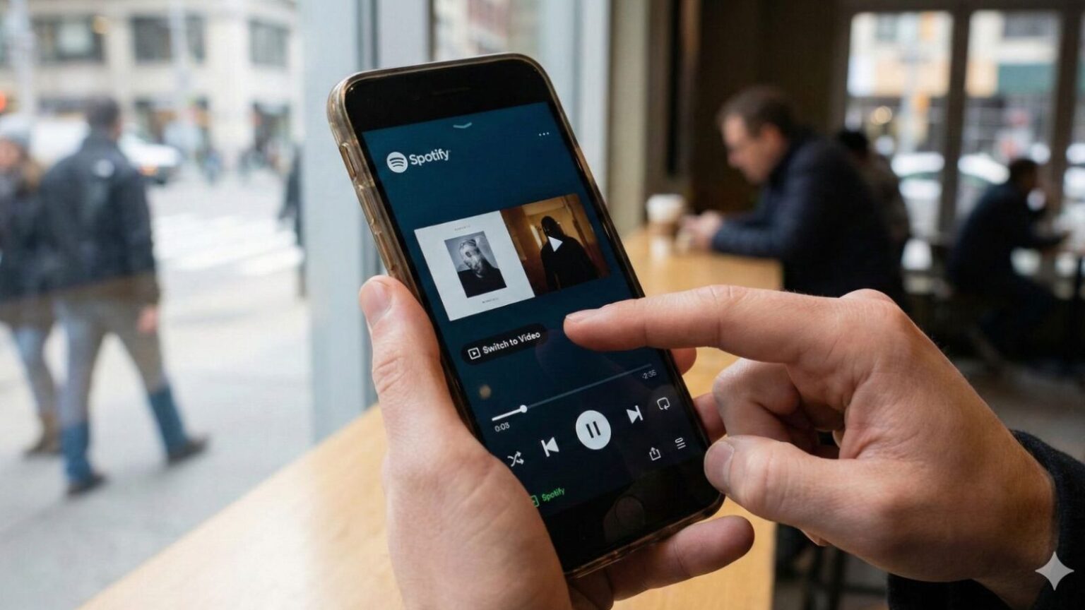Telefono con app Spotify aperta, streaming musicale, tecnologia mobile, utilizzo smartphone in pubblico.