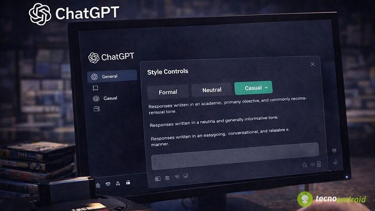 Alt text: Schermo del computer con interfaccia di ChatGPT aperta, mostra le opzioni di controllo dello stile di risposta, come Formale, Neutrale e Casual.