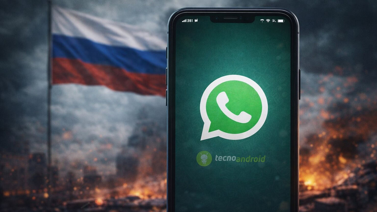 Applicazione WhatsApp mostrata sullo schermo di uno smartphone in primo piano, con bandiera russa sullo sfondo, simbolo di comunicazione digitale, tecnologia mobile e app di messaggistica.
