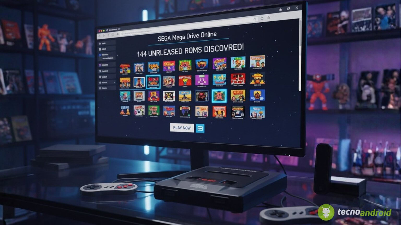 Schermo con catalogo di ROMs arcade SEGA Mega Drive, ambientazione gaming nostalgico.