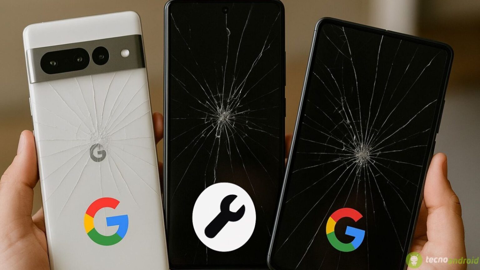 Immagine di tre smartphone con schermi rotto, uno con logo Google visibile, mostrando danni da caduta o incidente.