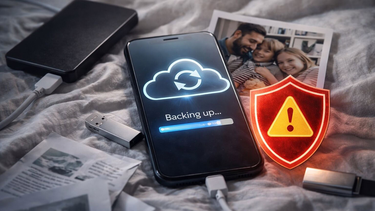 Ripristino dati smartphone, backup in corso con avviso di sicurezza, protezione e salvaguardia dati importanti.