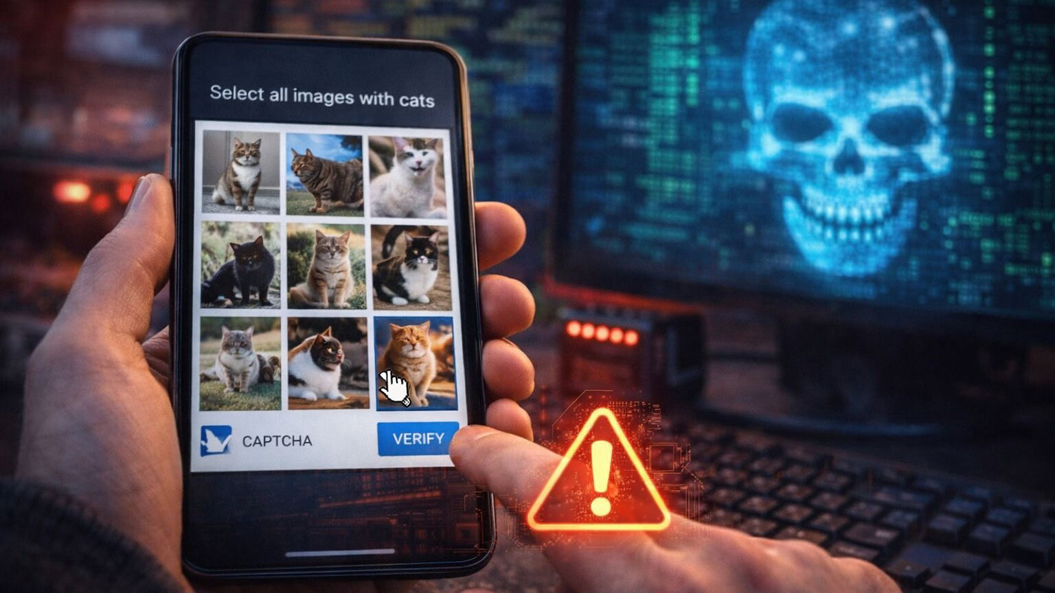 Immagine che rappresenta un dispositivo mobile con un test CAPTCHA e un avviso di sicurezza digitale, con uno sfondo di computer e un'immagine di un teschio di hacker in rete. Questa scena evidenzia i rischi della sicurezza online e la necessità di protezione contro attacchi informatici, phishing e minacce cyber, fondamentali nel mondo digitale di oggi.