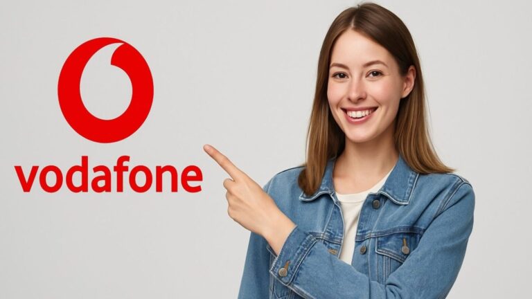 Immagine di una giovane donna sorridente che indica il logo Vodafone, simbolo di telefonia e comunicazione, in un contesto di tecnologia mobile. Perfetta per articoli su offerte, novità e guide su dispositivi Vodafone e smartphone.