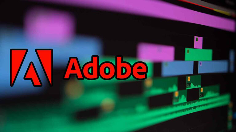 Alt: Icona Adobe e interfaccia di editing video su schermo computer con grafici colorati e timeline.