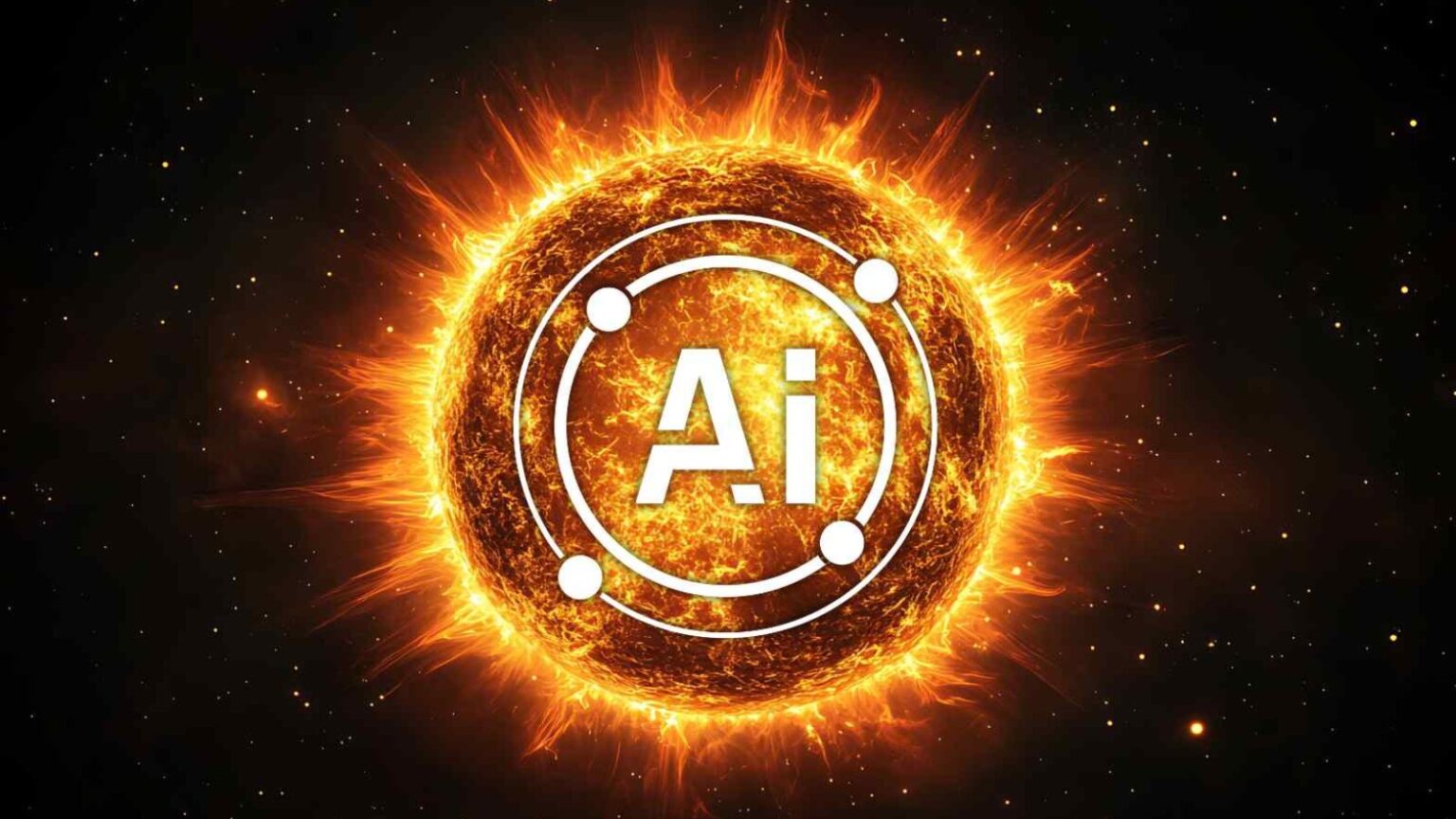 Immagine di una sfera infuocata nello spazio con simbolo AI al centro. Ricerca su AI e tecnologia avanzata, energia solare, innovazione digitale e impatto dell'intelligenza artificiale nello sviluppo tecnologico globale.