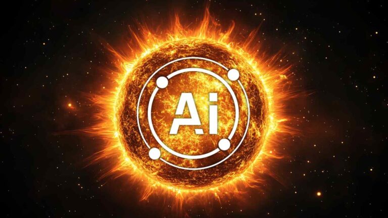 Immagine di una sfera infuocata nello spazio con simbolo AI al centro. Ricerca su AI e tecnologia avanzata, energia solare, innovazione digitale e impatto dell'intelligenza artificiale nello sviluppo tecnologico globale.
