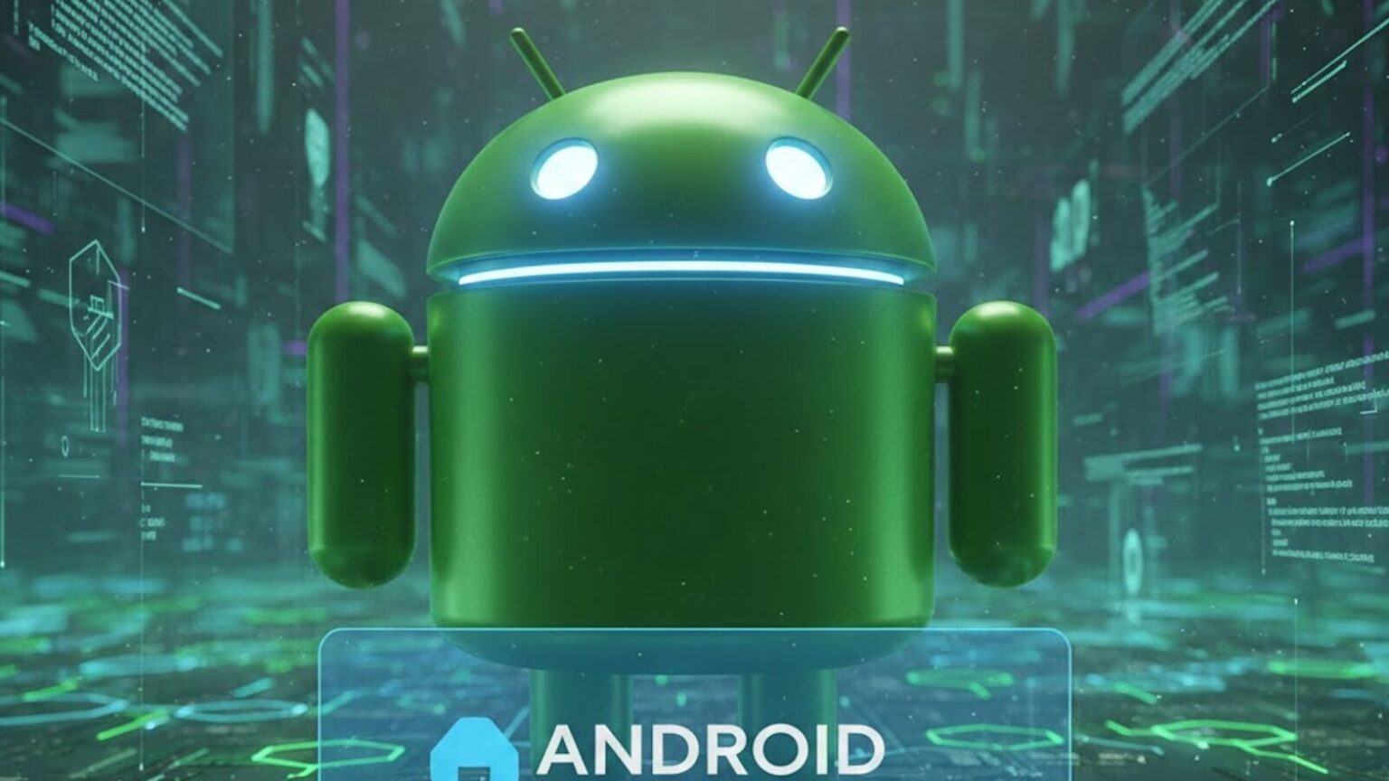 Robot Android in ambiente digitale con luci neon e codici di programmazione, rappresenta tecnologia, intelligenza artificiale e innovazione nel mondo degli smartphone e sistemi operativi Android.