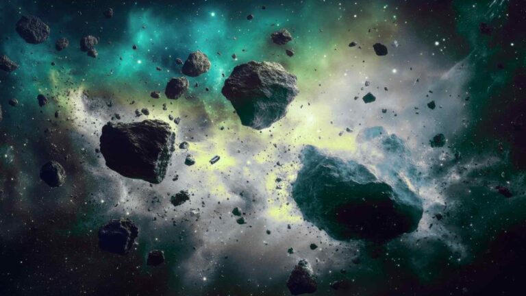 Asteroidi nello spazio con sfondo stellato e nebulose, immagine spaziale dettagliata di rocce spaziali fluttuanti nell'universo, perfetta per arti scientifici e tecnologia.