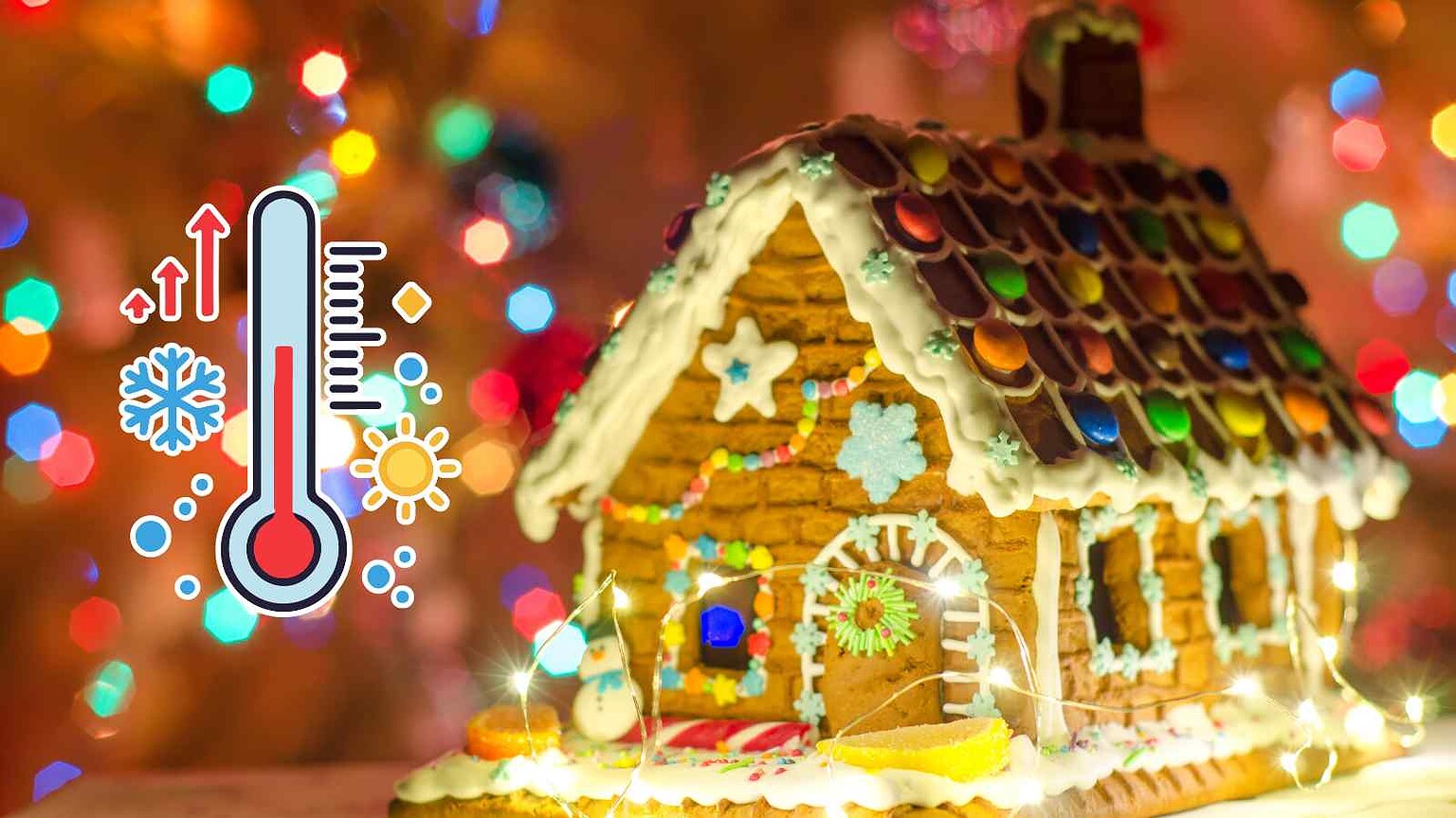 Casa di pan di zenzero decorata in modo festivo con zucchero e caramelle, ambientata in un caldo scenario natalizio con luci colorate sfocate sullo sfondo.