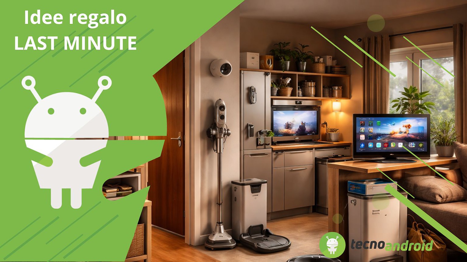 Apparecchi elettronici e dispositivi smart in un soggiorno accogliente con TV e piante verdi.