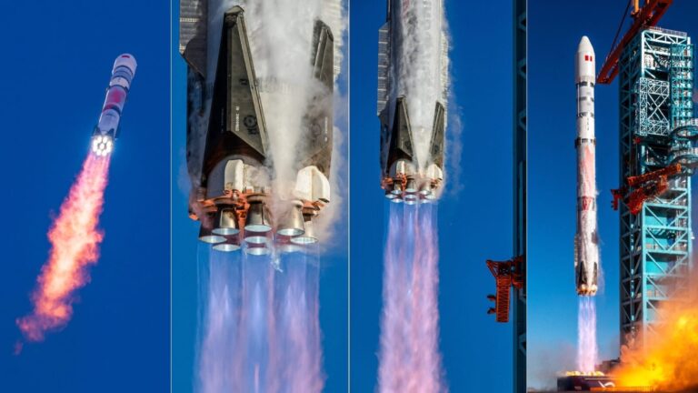 Razzo spaziale in fase di lancio con fiamme e vapori, simbolo di innovazione tecnologica e esplorazione spaziale, catturato in un cielo blu brillante.