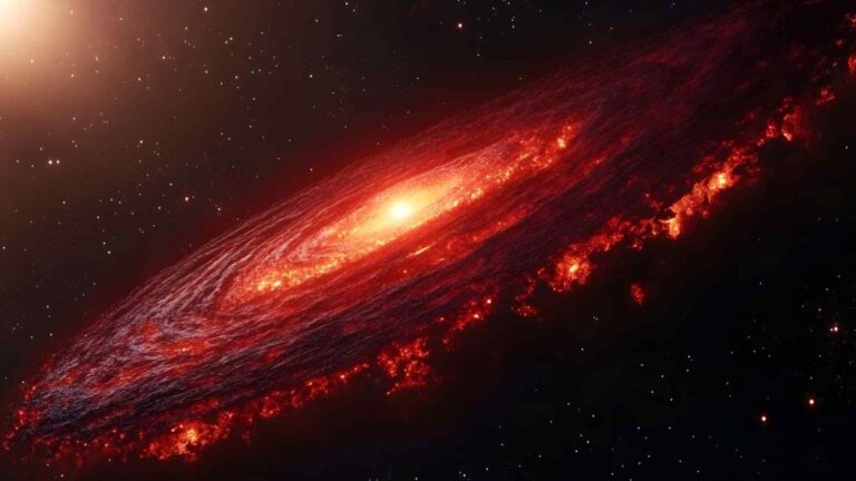 Immagine di una galassia nello spazio con toni rossi e arancioni, rappresenta l'universo e l'astronomia, perfetta per contenuti tecnologici e innovativi.