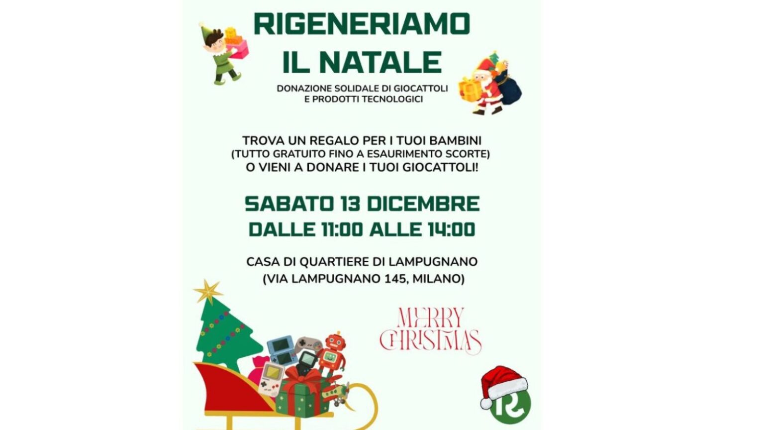 Albero di Natale con regali tecnologici e giocattoli, immagini di Babbo Natale e bambini, simbolo di donazioni natalizie, evento di beneficenza e riciclo, atmosfera festiva e digitale.