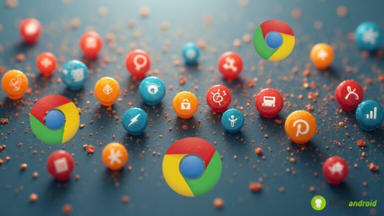 Icona di Google Chrome con colori vivaci su sfondo decorato con pillole e simboli delle app, rappresentando il browser web più usato al mondo e le sue funzionalità innovative.