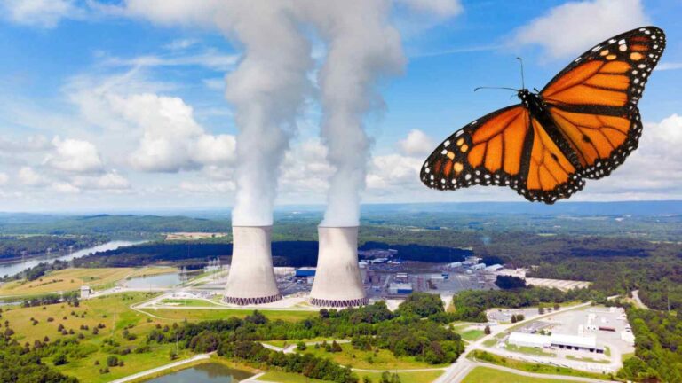 Immagine di farfalla monarca vicino a centrale nucleare in un paesaggio verdeggiante, evidenziando il contrasto tra natura e tecnologia, ottima per articoli su ambiente e tecnologia.
