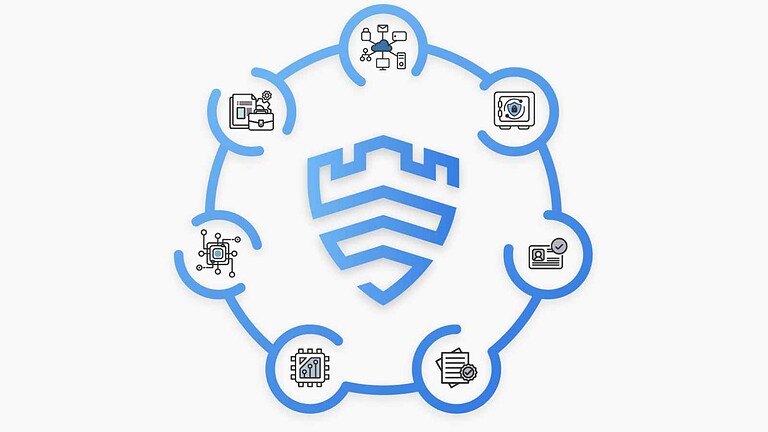 Immagine rappresenta un circuito di tecnologia con al centro uno scudo stilizzato, simbolo di protezione informatica, circondato da icone di cyber sicurezza, dati, cloud, identificazione e gestione delle credenziali.