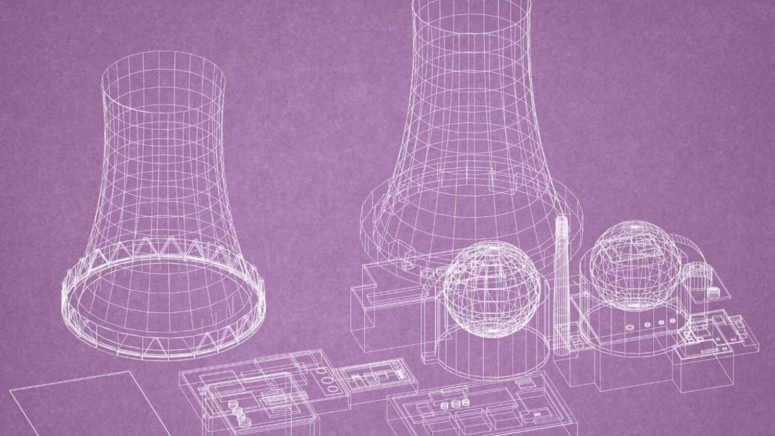 Immagine di un modello wireframe di una centrale nucleare, evidenziando dettagli tecnici e strutturali in stile digitale, ideale per contenuti tecnologici e informativi.