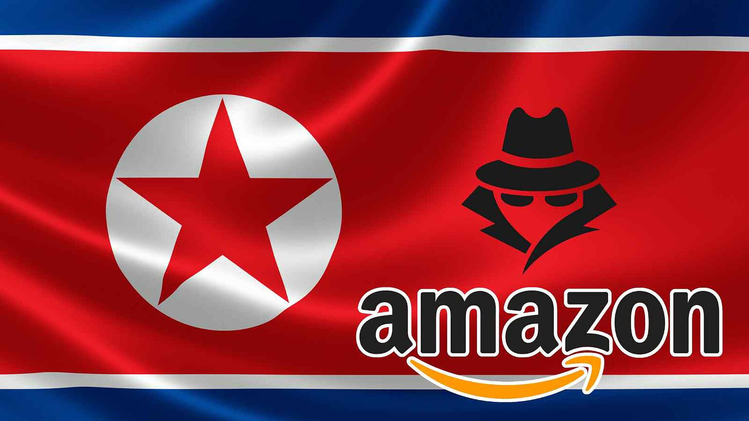 Bandiera Nord Corea con simbolo del partito e logo Amazon con icona di un ladro mascherato e cappello nero, rappresentando temi di sicurezza online, hacking e sorveglianza digitale.