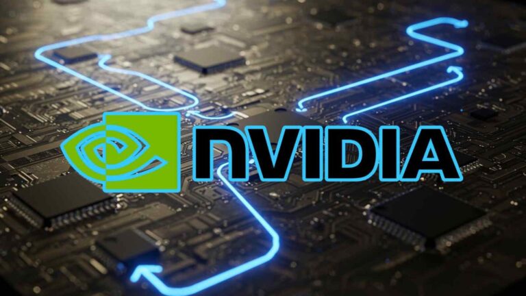 Alt text: Schema di un circuito stampato con illuminazione blu, sovrapposto logo Nvidia in evidenza.