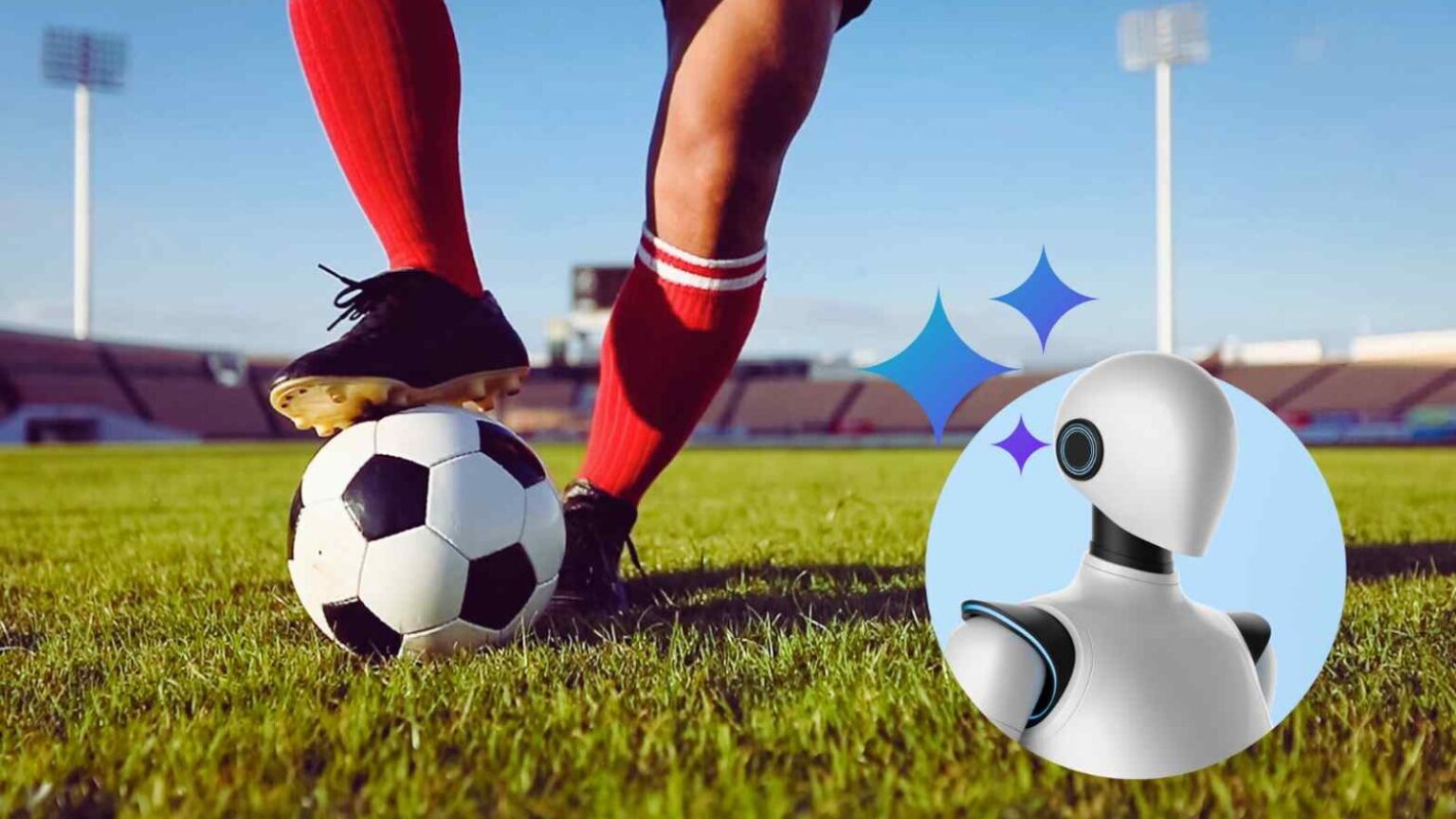 Robot calcio e sorveglianza, tecnologia innovativa, intelligenza artificiale, telecamera di sicurezza, robot intelligente, interni ed esterni, sicurezza domestica e sportiva, gadget futuristici.