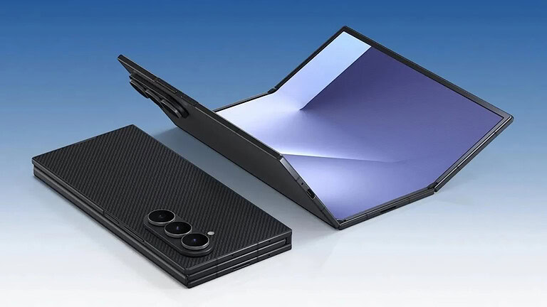 Smartphone pieghevole con cover in materiale resistente, schermo ampio e fotocamere di alta qualità, ideale per foto e video. Gadgets tecnologici all'avanguardia per un uso versatile e dinamico.