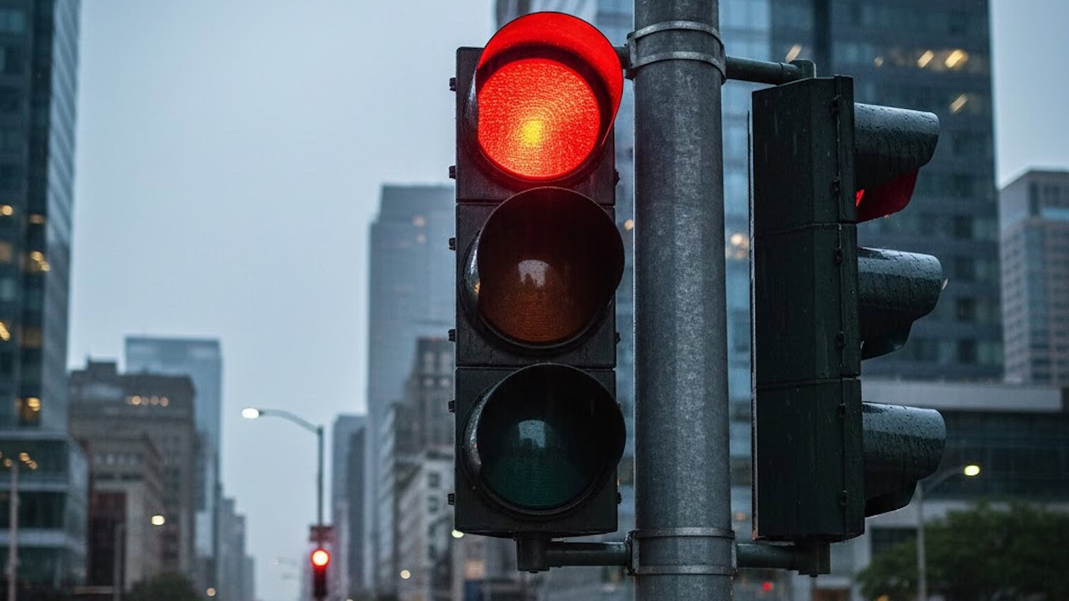Immagine di un semaforo rosso in un ambiente urbano moderno, con grattacieli sullo sfondo, che evidenzia l'importanza della gestione del traffico e della sicurezza stradale in città dinamiche. Perfetta per articoli su traffico, mobilità urbana o sicurezza stradale.