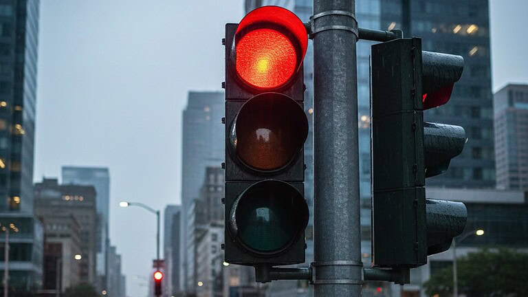 Immagine di un semaforo rosso in un ambiente urbano moderno, con grattacieli sullo sfondo, che evidenzia l'importanza della gestione del traffico e della sicurezza stradale in città dinamiche. Perfetta per articoli su traffico, mobilità urbana o sicurezza stradale.