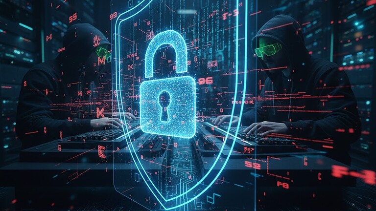 Immagine di hacker al computer con scudo digitale di sicurezza.