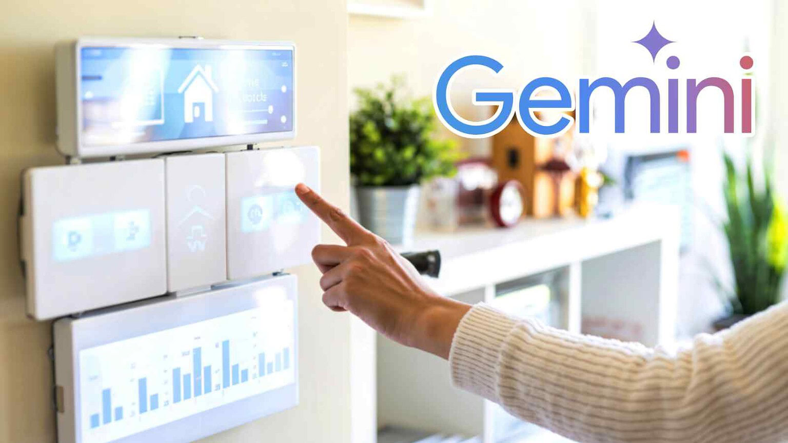 Immagine di una persona che interagisce con pannelli di controllo smart home, simbolo di tecnologia avanzata e innovazione.