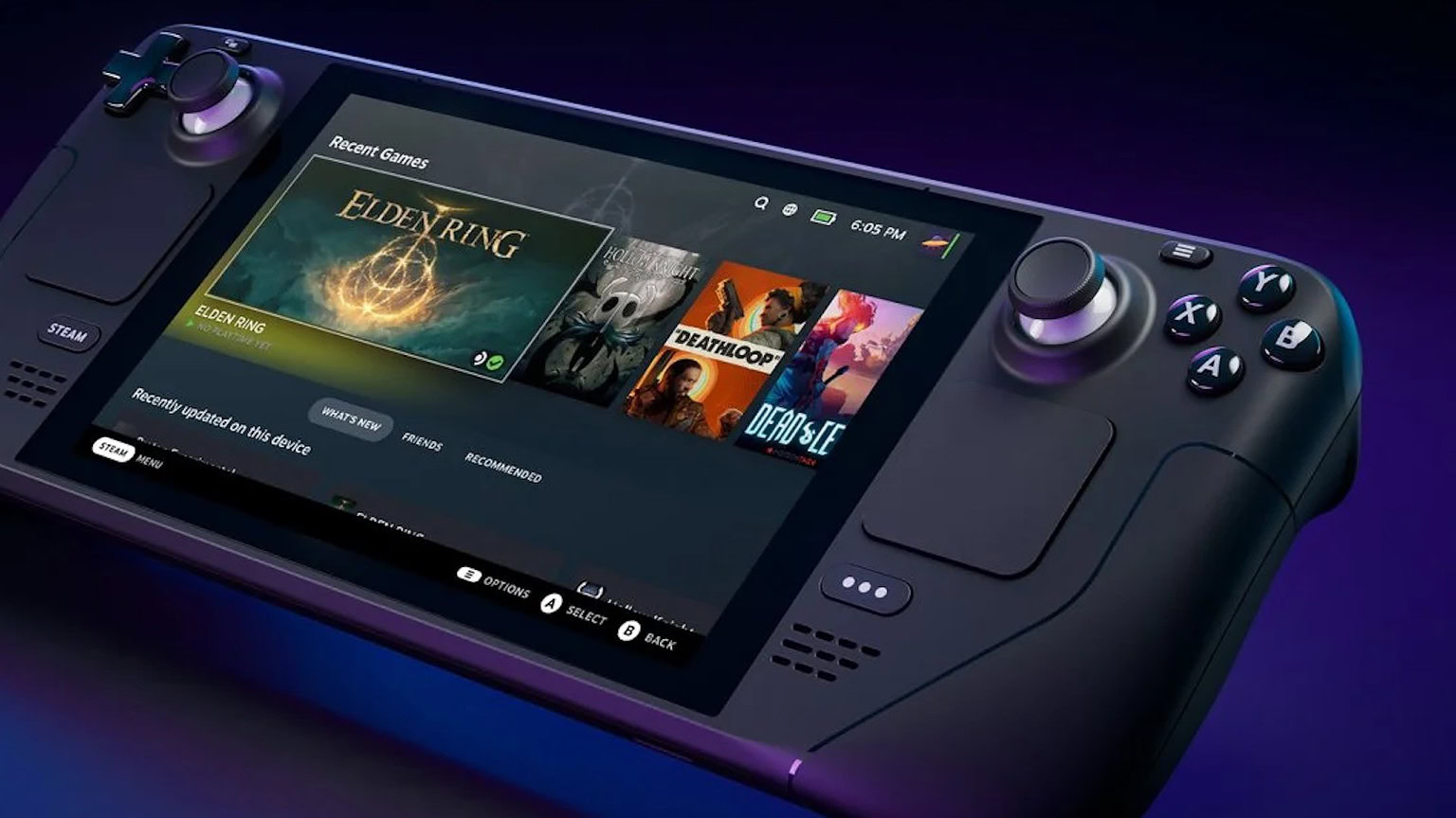 Console portatile gaming Steam Deck con display largo e controllo completo per giochi su PC, ideale per appassionati di gaming ovunque.