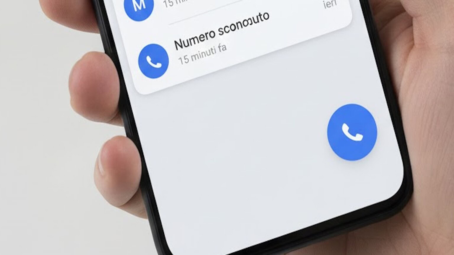 Immagine di uno smartphone che mostra una chiamata in arrivo con testo "Numero sconosciuto" e icona chiamata blu, evidenziando funzioni di comunicazione e sicurezza per utenti tech.