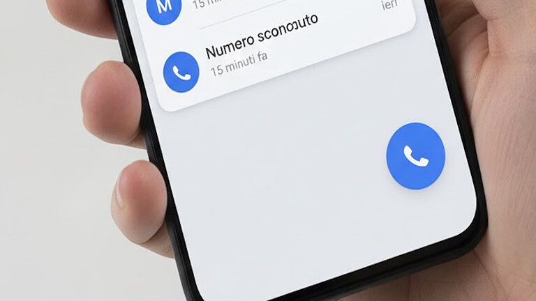 Immagine di uno smartphone che mostra una chiamata in arrivo con testo "Numero sconosciuto" e icona chiamata blu, evidenziando funzioni di comunicazione e sicurezza per utenti tech.