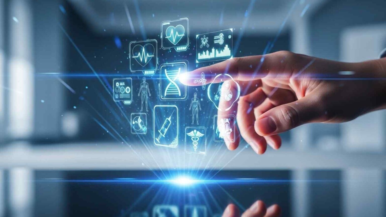 Immagine di una mano che interagisce con icone di tecnologia sanitaria digitale e innovazione in ambito medico e biotech, rappresentando il futuro della sanità e delle soluzioni tecnologiche in campo medico.