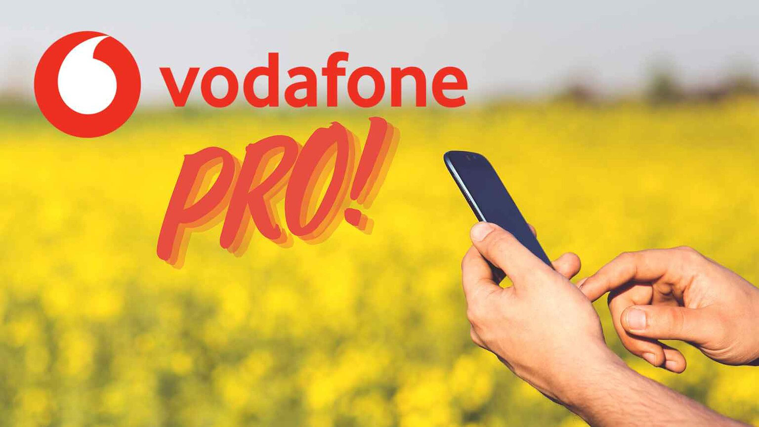 Immagine di un telefono cellulare in mano con sfondo campagna gialla, promozione Vodafone Pro, evidenziando offerte e servizi di telefonia mobile di alta qualità per utenti tech.