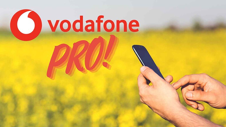 Immagine di un telefono cellulare in mano con sfondo campagna gialla, promozione Vodafone Pro, evidenziando offerte e servizi di telefonia mobile di alta qualità per utenti tech.