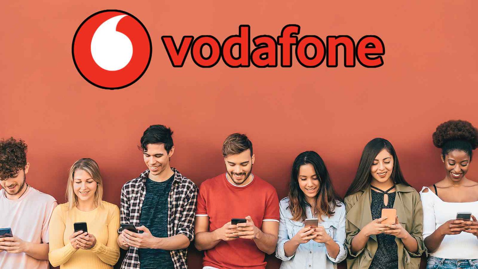 Immagine di un gruppo di giovani che utilizzano smartphone di vari colori, con sfondo arancione. Logo Vodafone visibile sopra, perfetto per articoli su offerte telefoniche, piani mobile e tecnologia Vodafone.