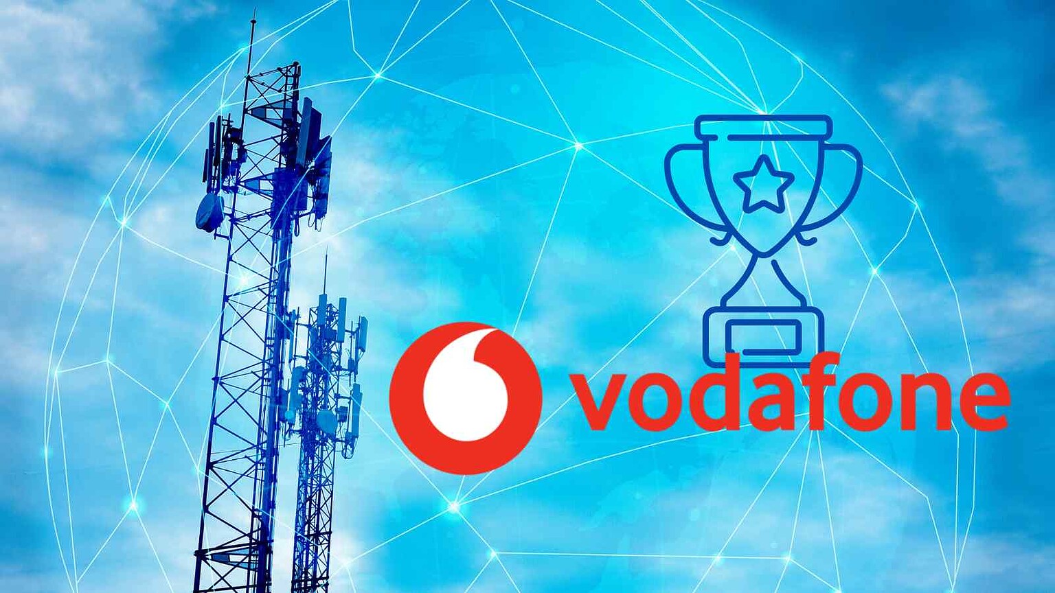 Immagine di un'antenna di telecomunicazioni con logo Vodafone e icona di trofeo per il successo e l'eccellenza nel settore.