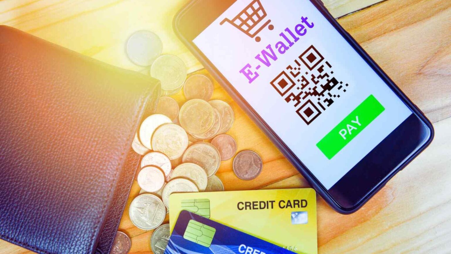 ALT: Immagine di uno smartphone con schermata di pagamento E-Wallet, monete e carta di credito su tavolo in legno, simbolo di tecnologia e pagamenti digitali.