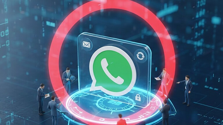 Immagine di un'icona di WhatsApp in un ambiente digitale innovativo con figure professionali che rappresentano sicurezza informatica e protezione dati.