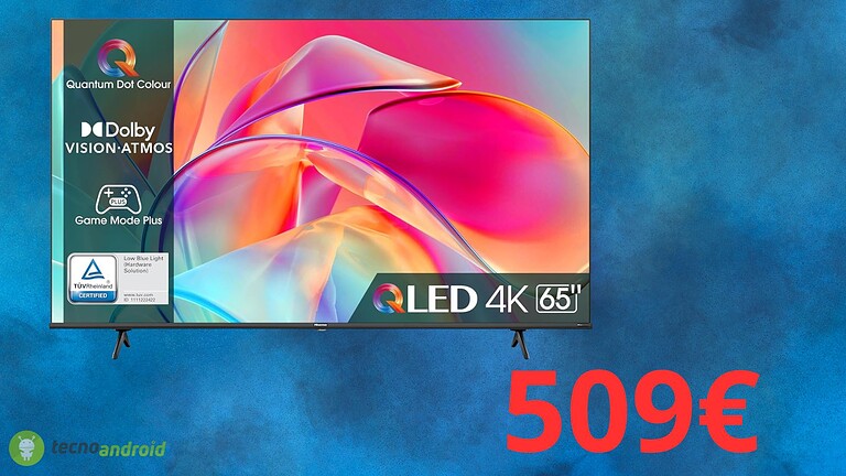 Hisense 65″ QLED 4K 65E7Q in sconto su Amazon: grande smart TV con colori brillanti e suono immersivo