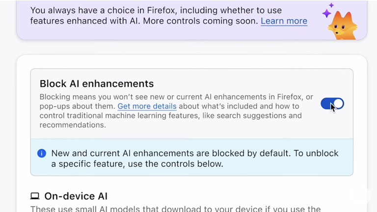 Screenshot alle Mozilla Firefox AI