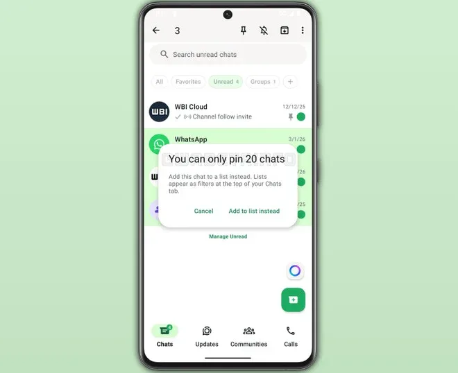Pin fino a 20 chat WhatsApp