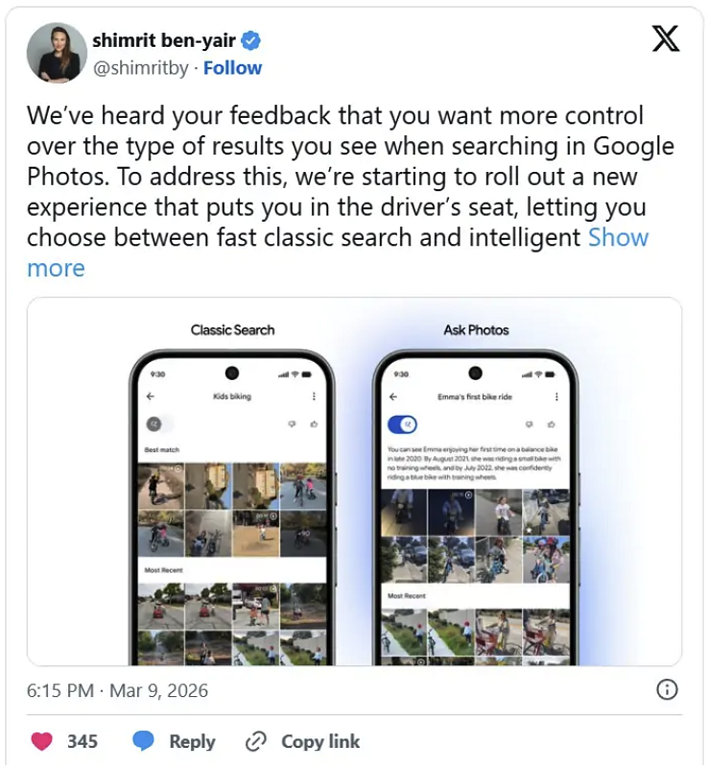 Google Foto: arriva il toggle per scegliere tra ricerca classica e Gemini