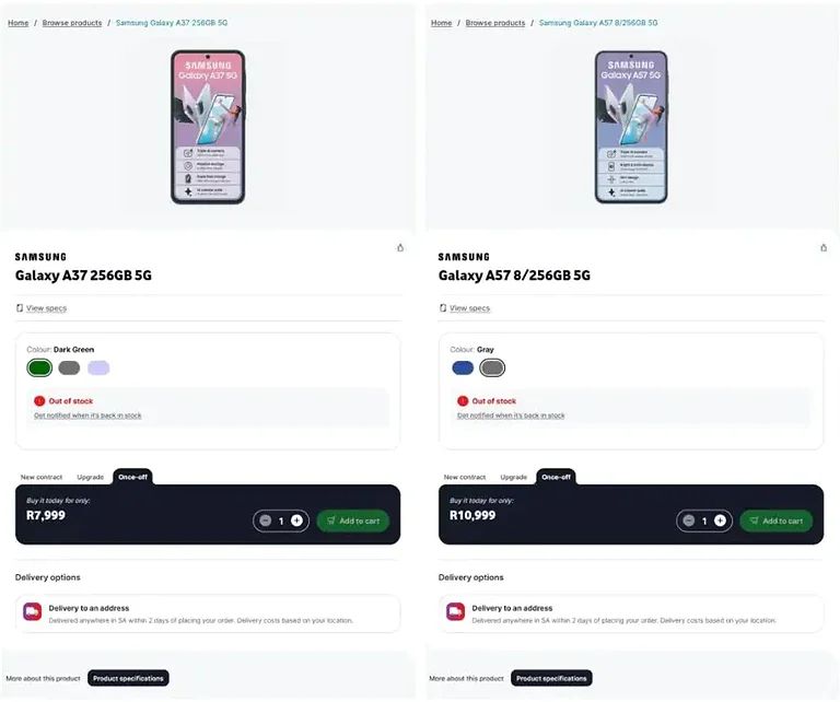 Samsung Galaxy A57 e A37: svelati per errore prezzi e colori