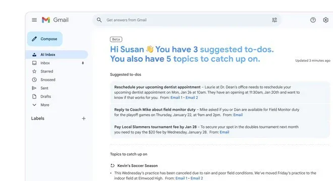 Gmail: la nuova AI Inbox di Gemini ora è arrivata per davvero