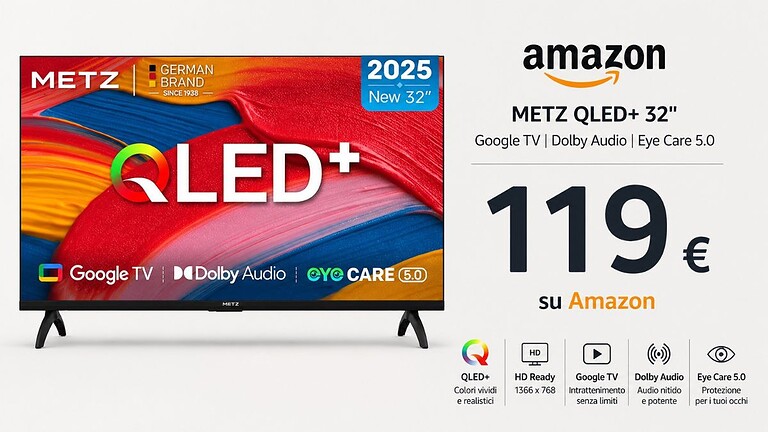 Metz QLED 32 pollici a 119€ su Amazon: mai vista così bassa